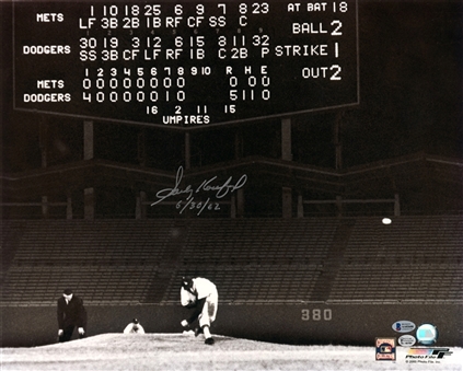 Sandy Koufax Signed & Inscribed 16x20" Photo of Final Pitch of First No-Hitter with "6/30/62" Inscription (Beckett & Online Authentics)